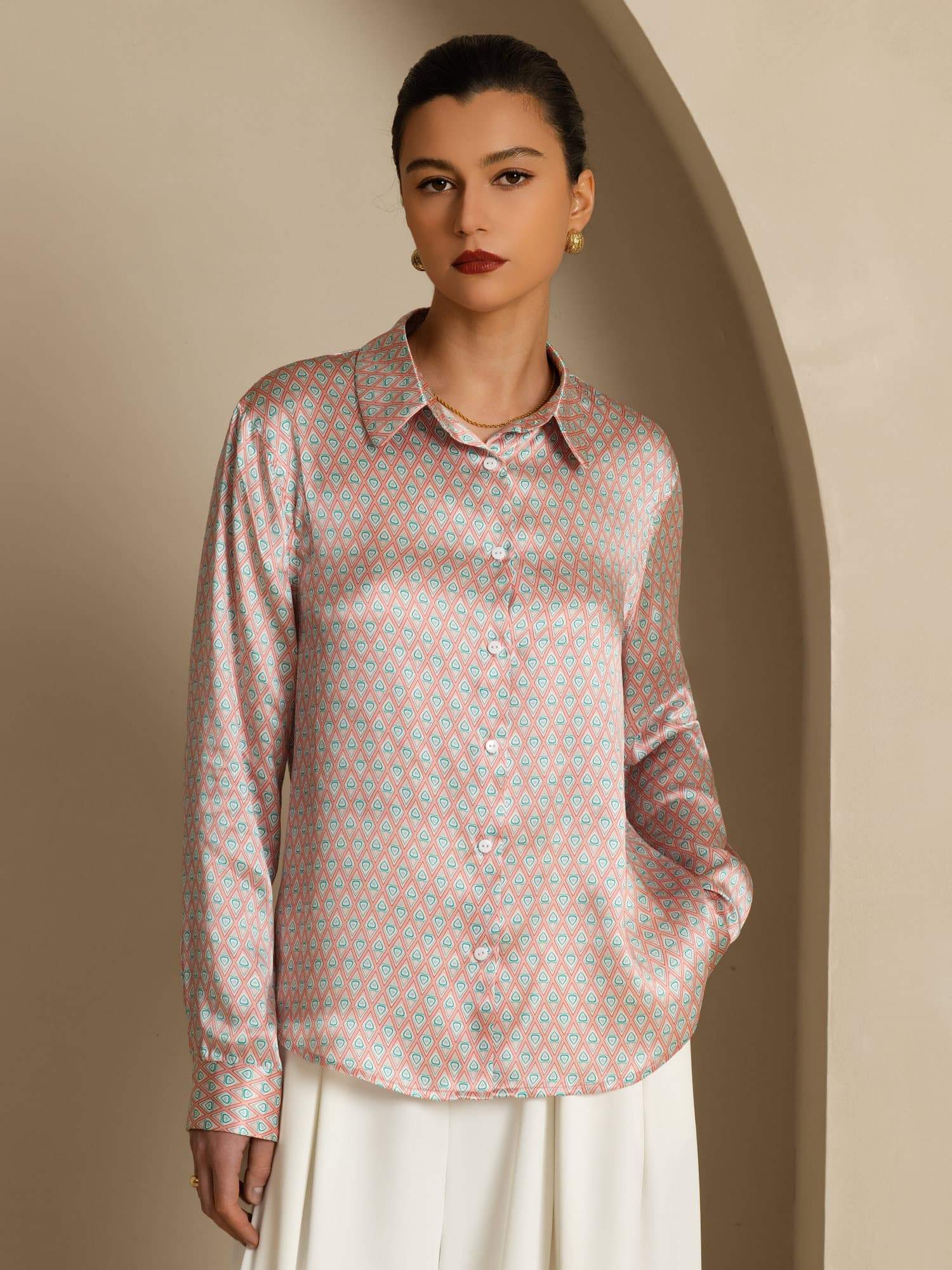 [Pink Heart Geo] SilkSilky Long Sleeve Lapel Collar Women's Shirt 002
