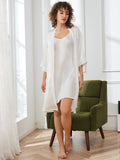 SilkSilky US Pure Silk 3/4 Sleeve Nightgown&Robe Set White 004