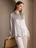 SilkSilky US 19Momme Silk Blend Long Sleeve Collar Women's Shirt LightGray 005