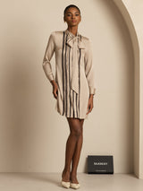 [Tan] SilkSilky 19Momme Silk Long Sleeve Tie Neck Dress 006