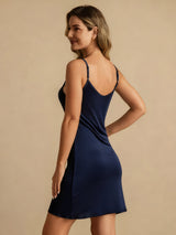[Dark Blue] SilkSilky  100% Silk Jersey Spaghetti Strap Round Neck Nightgown 002