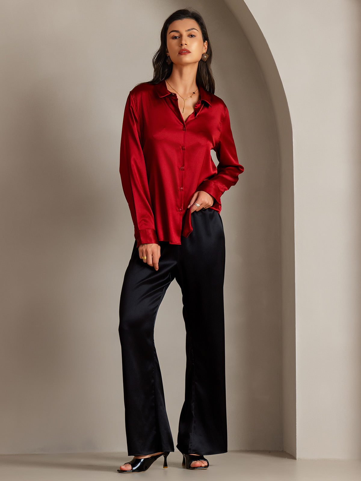 [Red] SilkSilky  Silk Lapel Collar Women's Shirt 004
