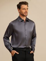 [Dark Gray] SilkSilky 19Momme Stretch Silk Charmeuse Long Sleeve Lapel Collar Men's Shirt 001