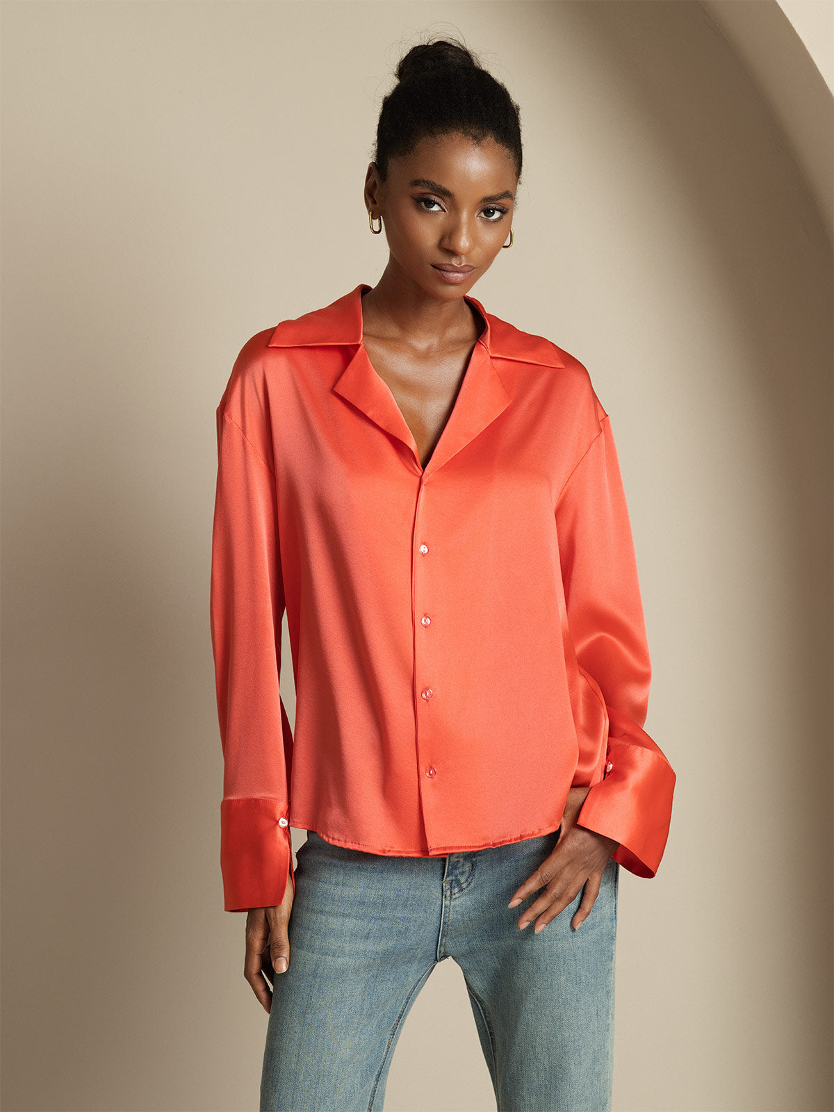 [Imperial Red] SilkSilky  19Momme Silk Notch Collar Women's Shirt 005