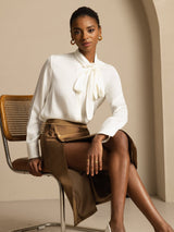 [White] SilkSilky  Long Sleeve Tie Neck Blouse 001
