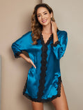 SilkSilky US Pure Silk 3/4 Sleeve V Neck Nightgown Teal 004