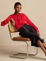 [Wine] SilkSilky  Long Sleeve Tie Neck Blouse 007