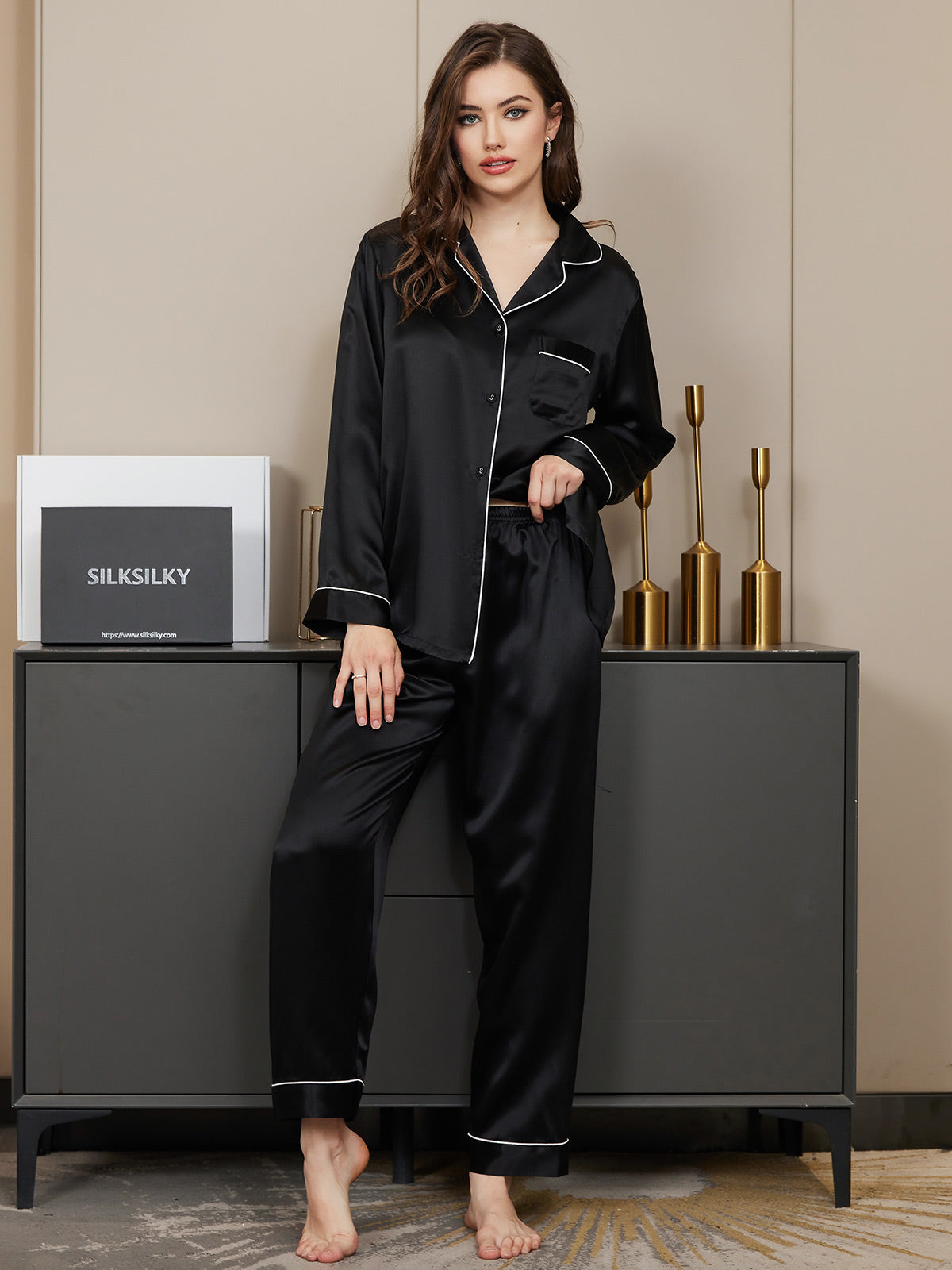 BRM-TZ004 Women's Classic Pure Silk Pajamas 100% Washable Silk Sleepwear, The Best Anniversary Gifts for Her, Black / M