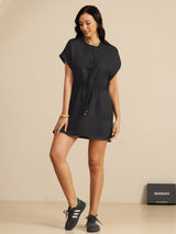 [Black] SilkSilky 18Momme Silk Satin Surah Cap Sleeve Henley Neck Dress 006