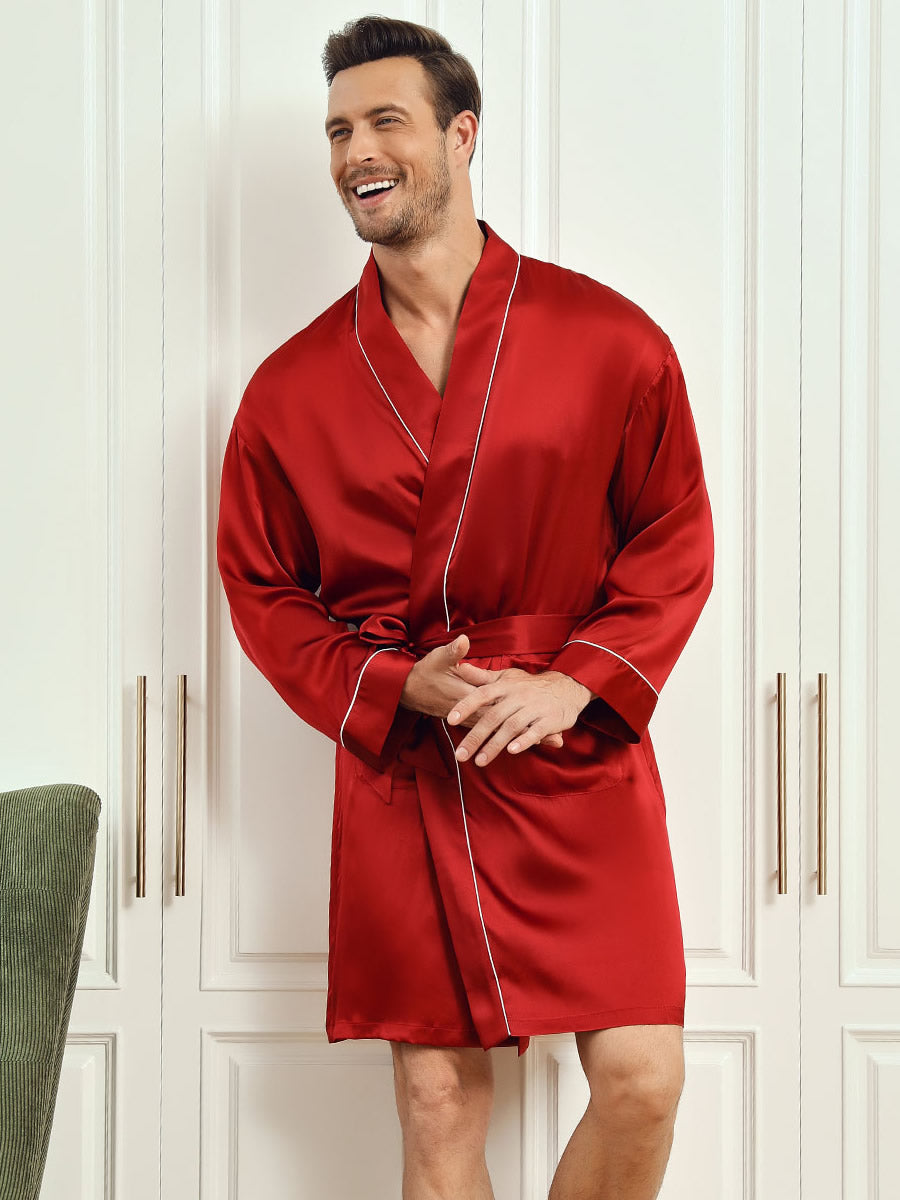 SilkSilky US Pure Silk 3/4 Sleeve Mens Robe Wine 001