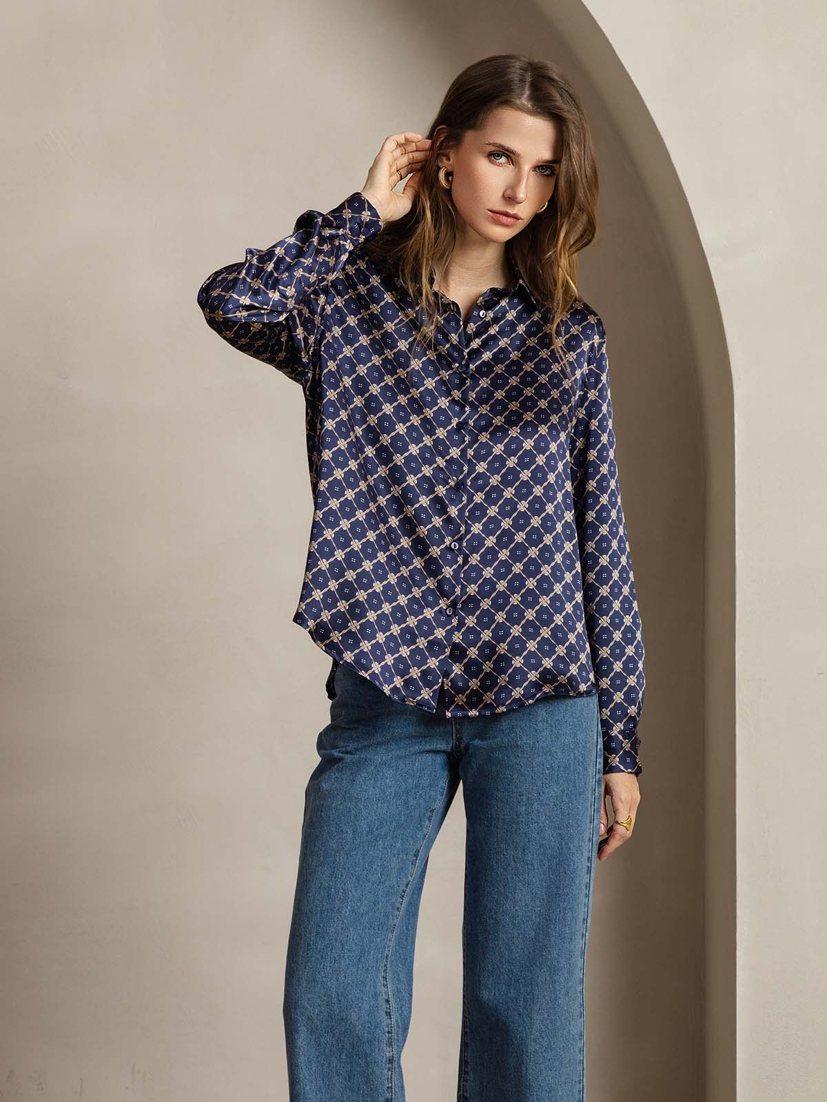 [Navy Chain] SilkSilky  Silk Long Sleeve Lapel Collar Women's Shirt 005