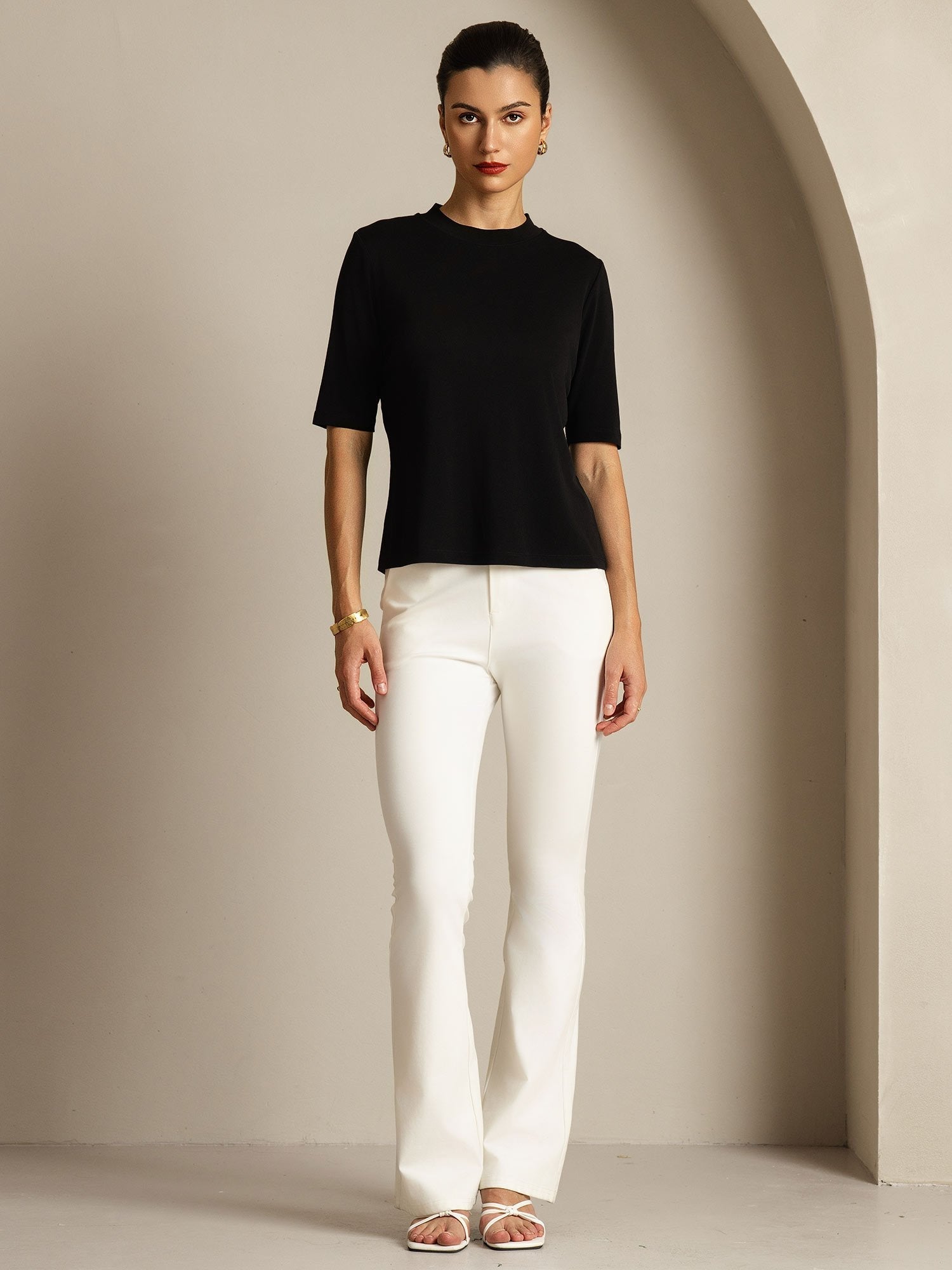 [Black] SilkSilky  Pure Silk Round Neck Women's T-Shirt 003