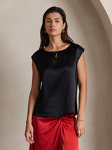 [Black] SilkSilky  Cap Sleeve Round Neck Women's T-Shirt 001