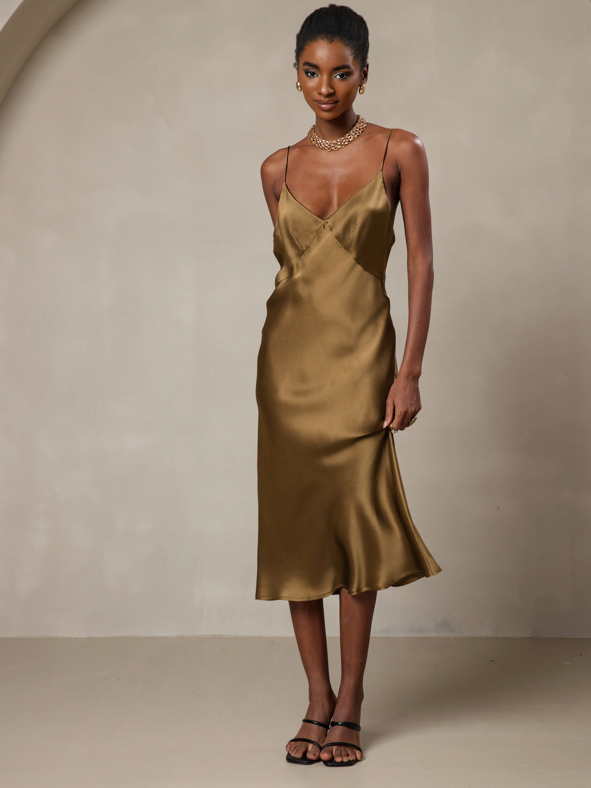 [Brown] SilkSilky  19Momme Pure Silk V Neck Dress 006
