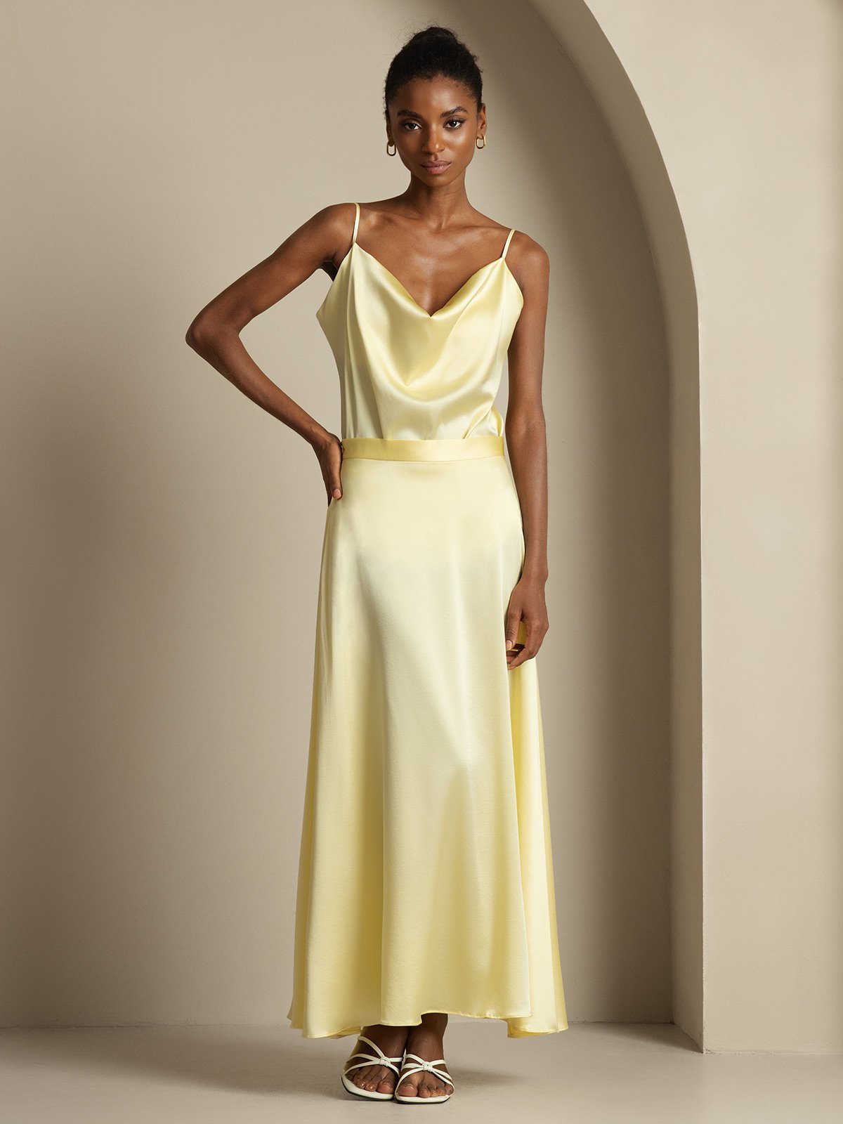 [Light Yellow] SilkSilky  19Momme Silk Cowl Neck Women''s Outfit Sets 003,