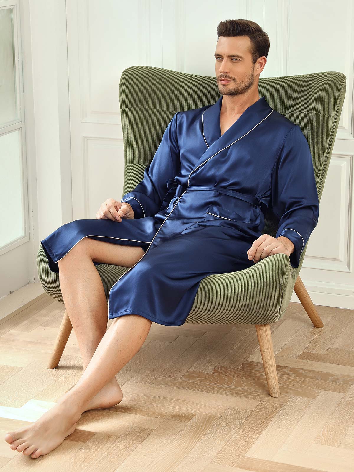 SilkSilky US Pure Silk Long Sleeve Lapel Men's Robe DarkBlue 006