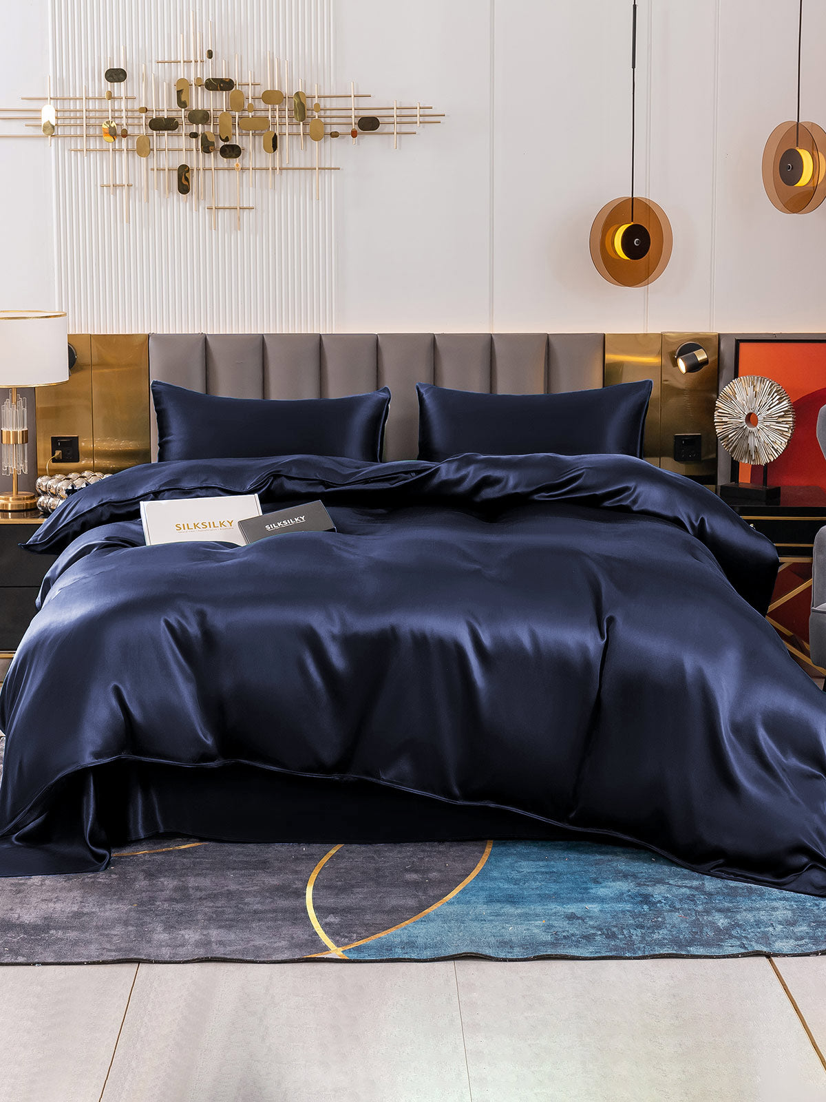 SilkSilky US 19Momme Pure Silk Bedding Set DarkBlue 002