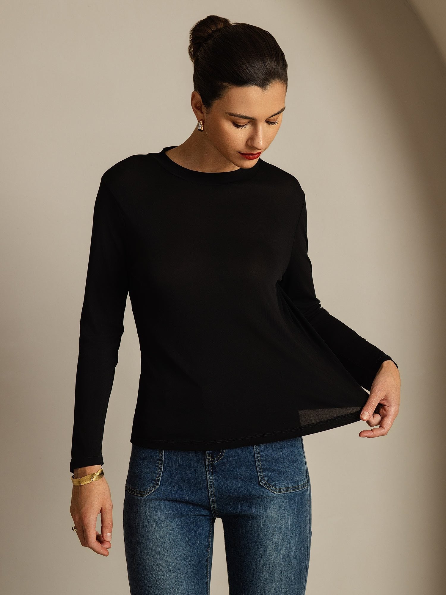[Black] SilkSilky  Pure Silk Womens T-Shirt 003