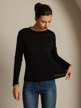 [Black] SilkSilky  100% Silk Jersey Long Sleeve Crew Neck Women's T-Shirt 003