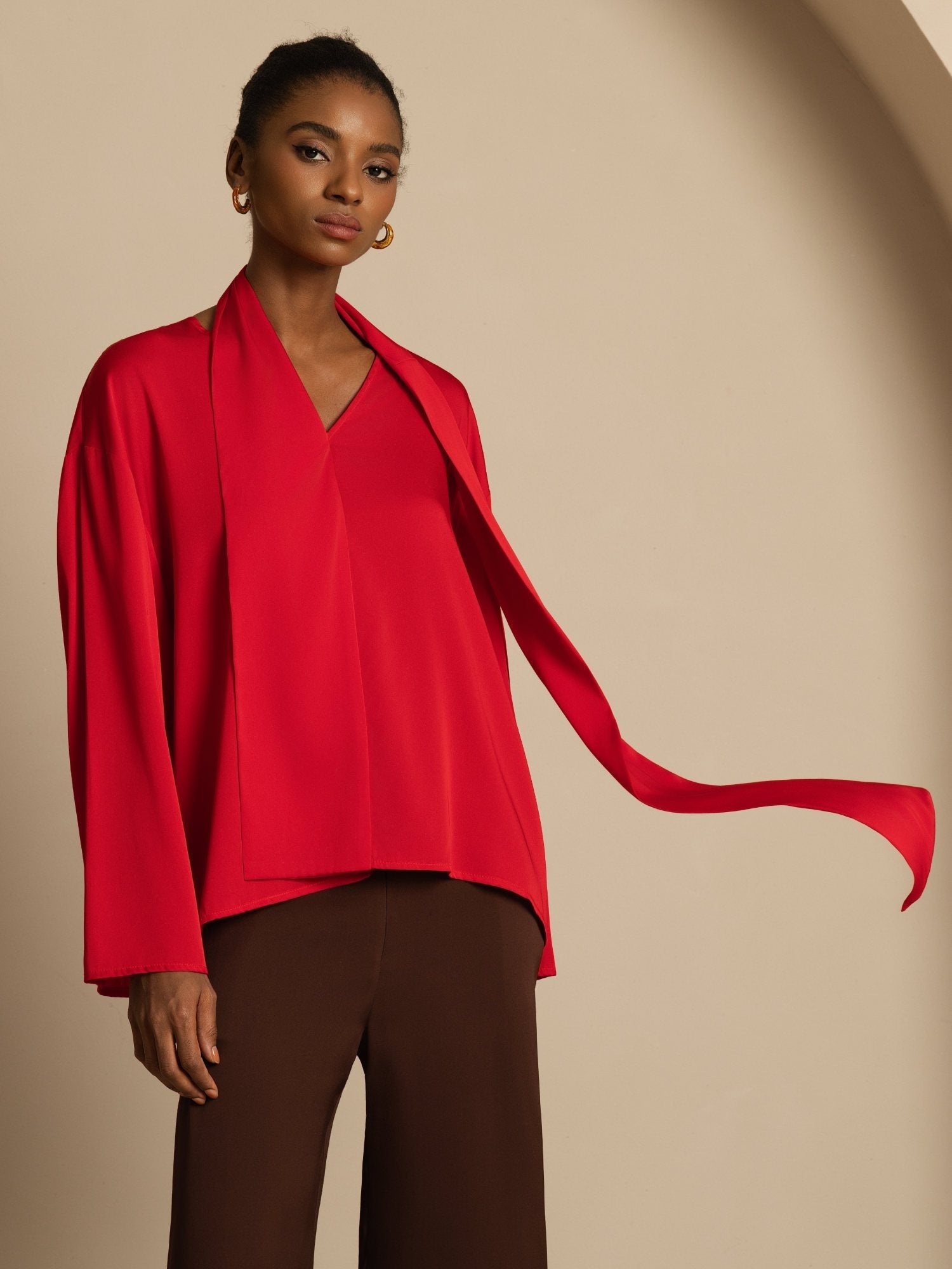 [Wine] SilkSilky 19Momme Silk Long Sleeve V Neck Blouse 003