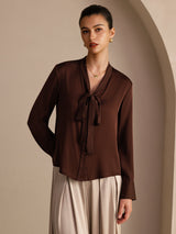 [Bitter Chocolate] SilkSilky Long Sleeve Tie Neck Women's Blouse 003