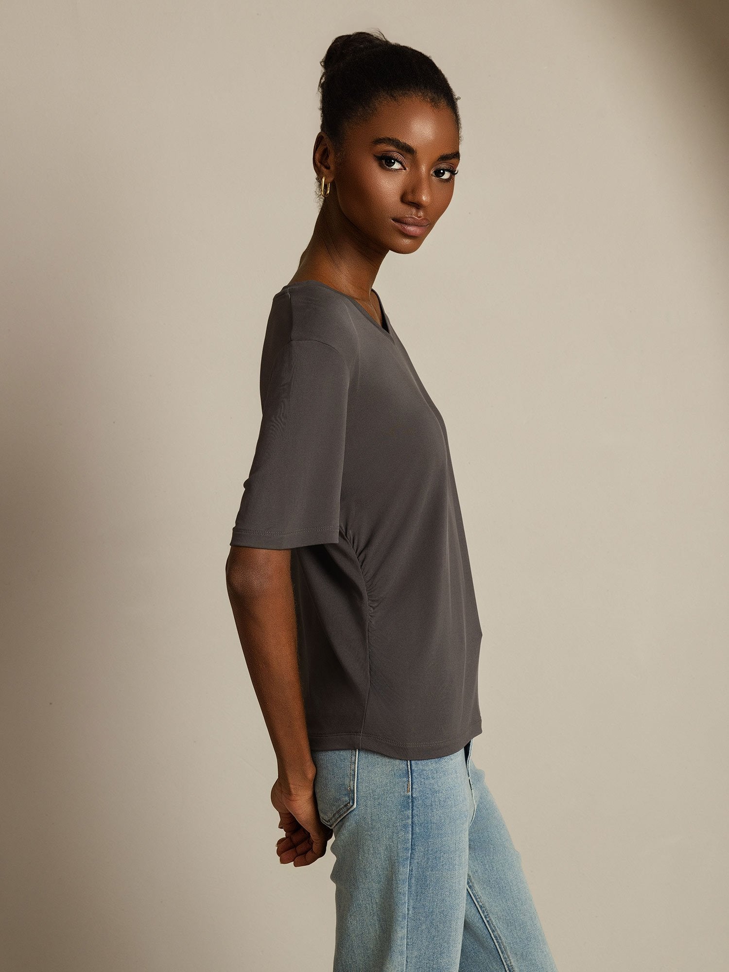 [Gray] SilkSilky Pure Silk V Neck Women's T-Shirt 003