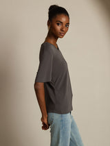[Gray] SilkSilky  100% High-Twist Silk Jersey Short Sleeve V Neck Women's T-Shirt 003