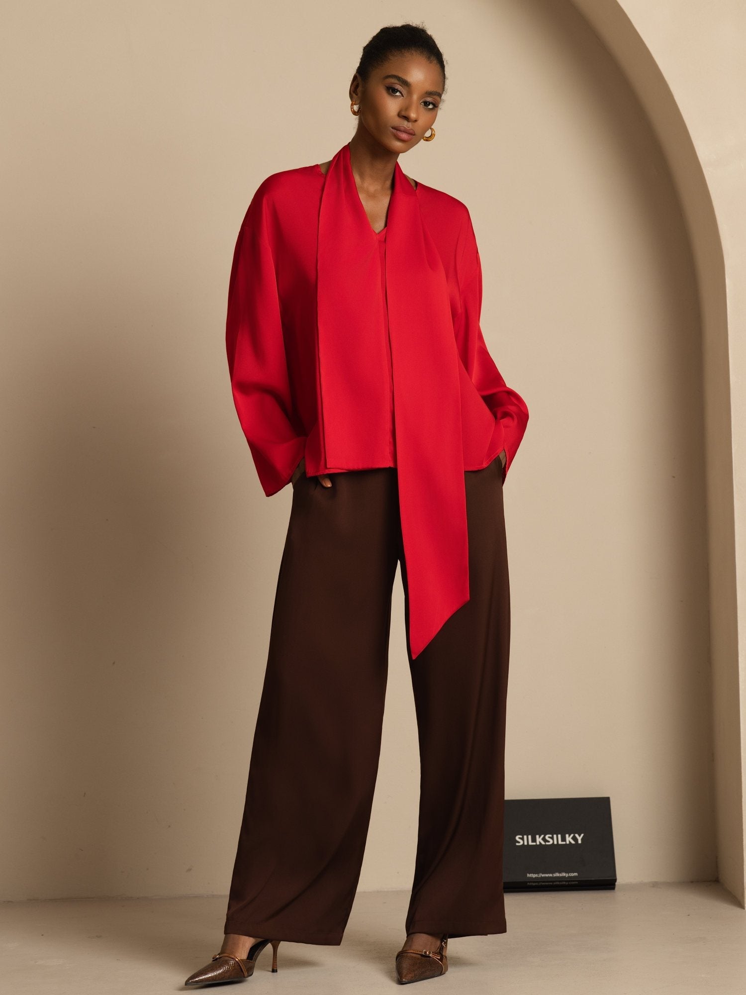 [Wine] SilkSilky 19Momme Silk Long Sleeve V Neck Blouse 006