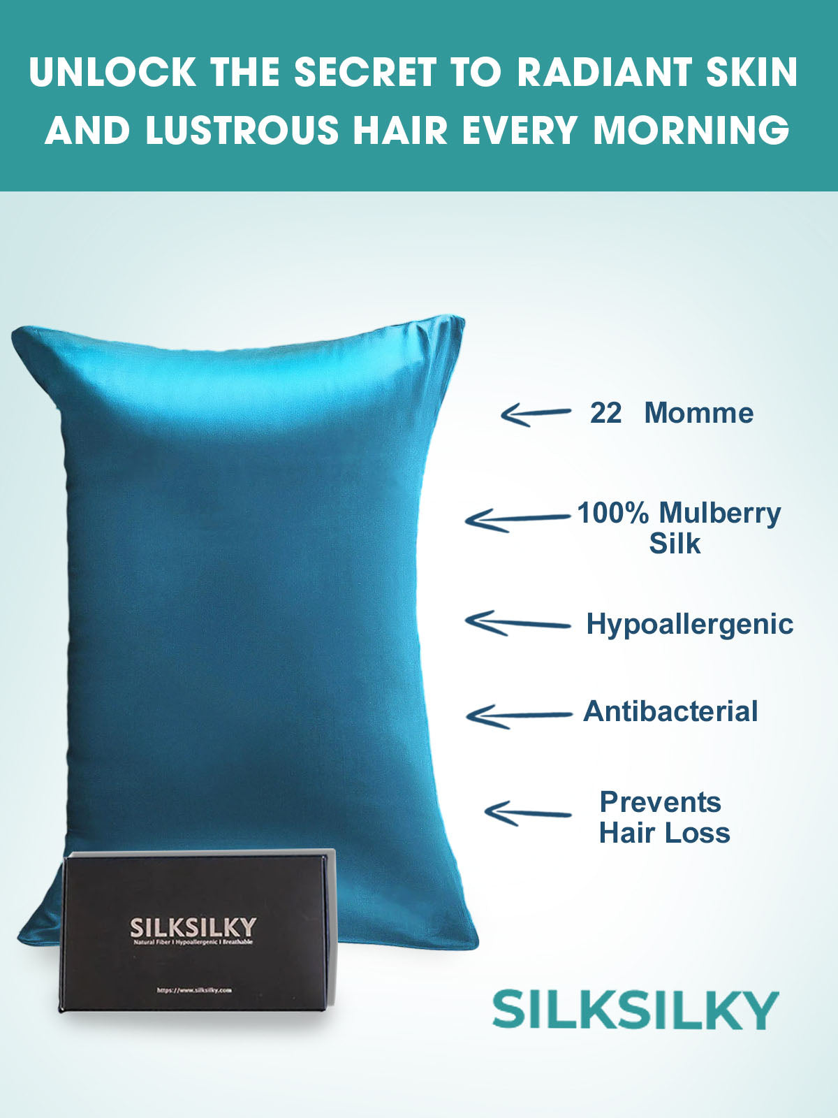 SilkSilky US 22Momme Pure Silk Pillowcase Teal 003