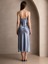 [Grayish Blue] SilkSilky  Pure Silk Spaghetti Strap V Neck Dress 002