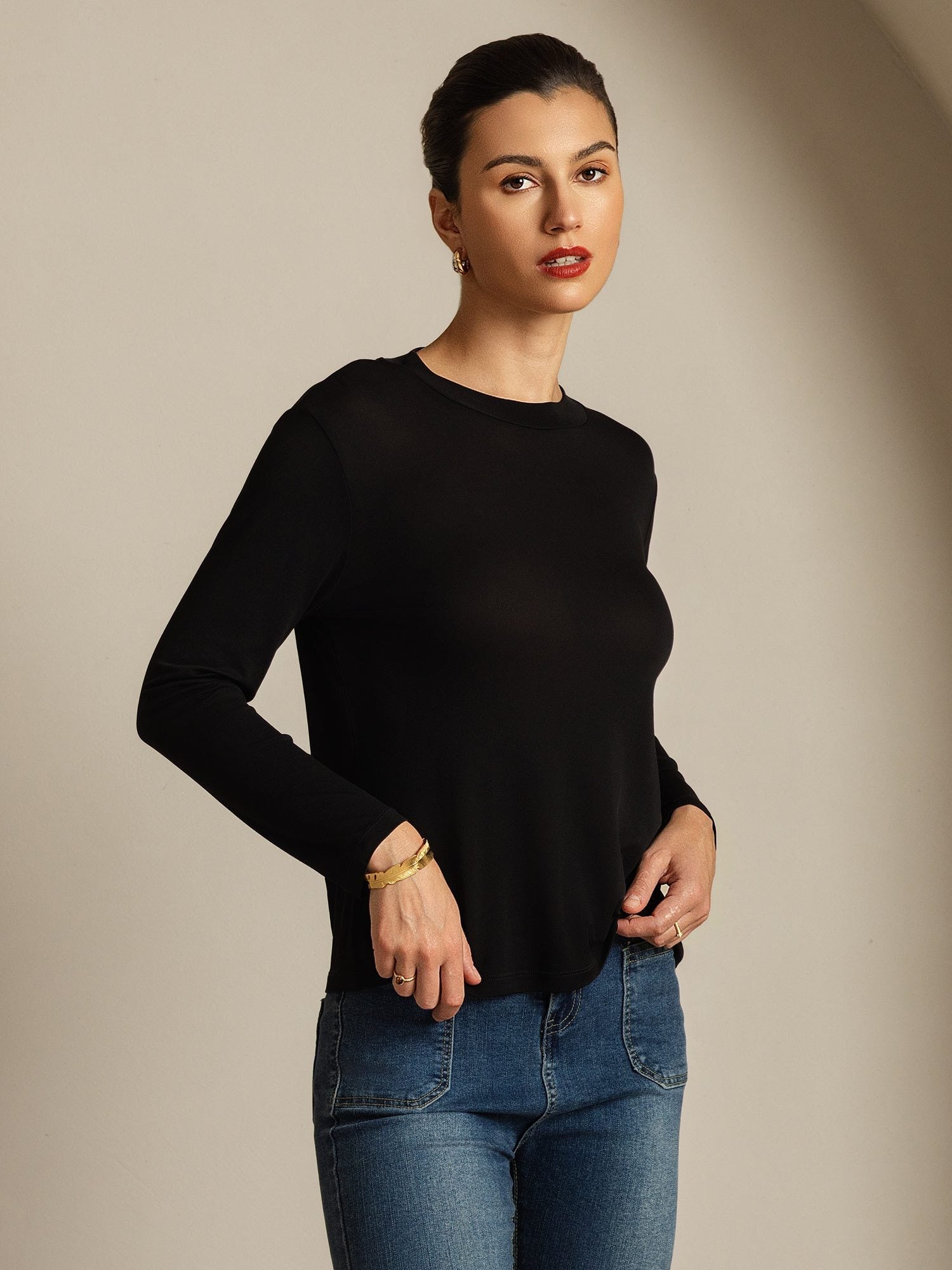 [Black] SilkSilky  Pure Silk Womens T-Shirt 006
