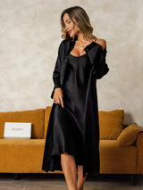 [Black] SilkSilky  Long Sleeve V Neck Nightgown&Robe Set 003