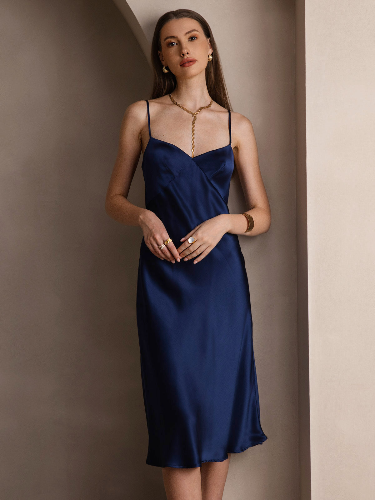 [Dark Blue] SilkSilky  19Momme Pure Silk V Neck Dress 004