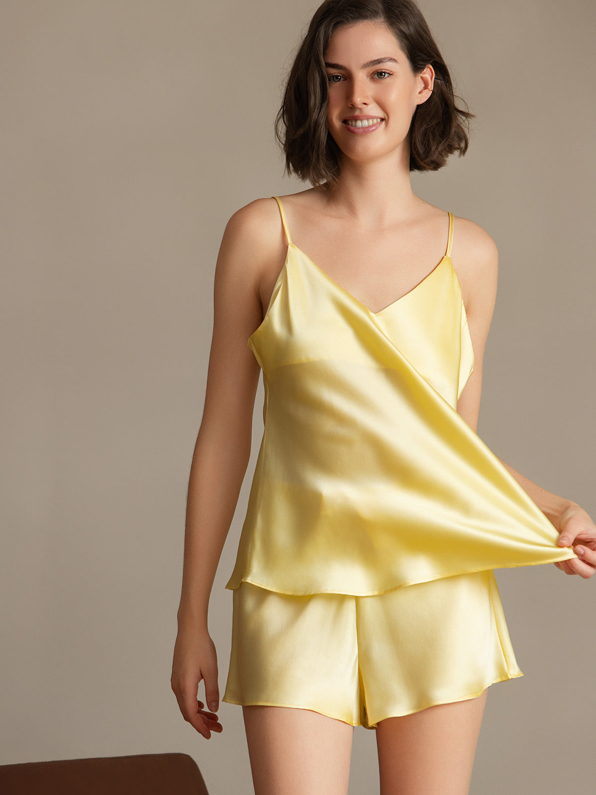 [Light Yellow] SilkSilky  Pure Silk V Neck Camisole Set 001