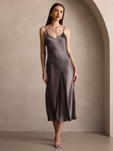 [Dark Khaki] SilkSilky  Spaghetti Strap V Neck Dress 006