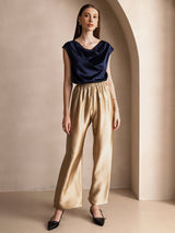 [Dark Blue] SilkSilky  19Momme Stretch Silk Charmeuse Cap Sleeve Cowl Neck Women's T-Shirt 006