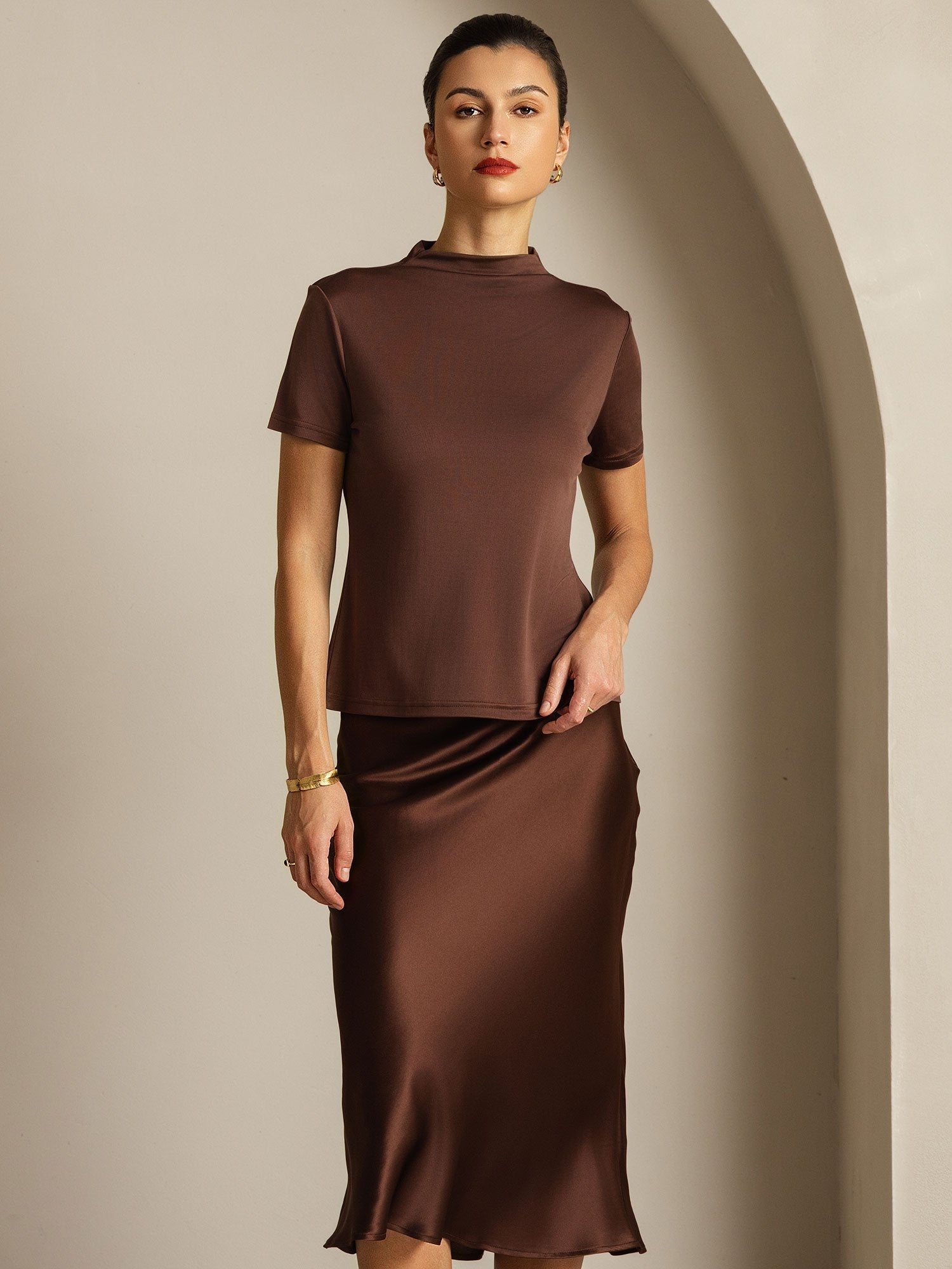 [Coffee] SilkSilky  Pure Silk Collar Women's T-Shirt 009