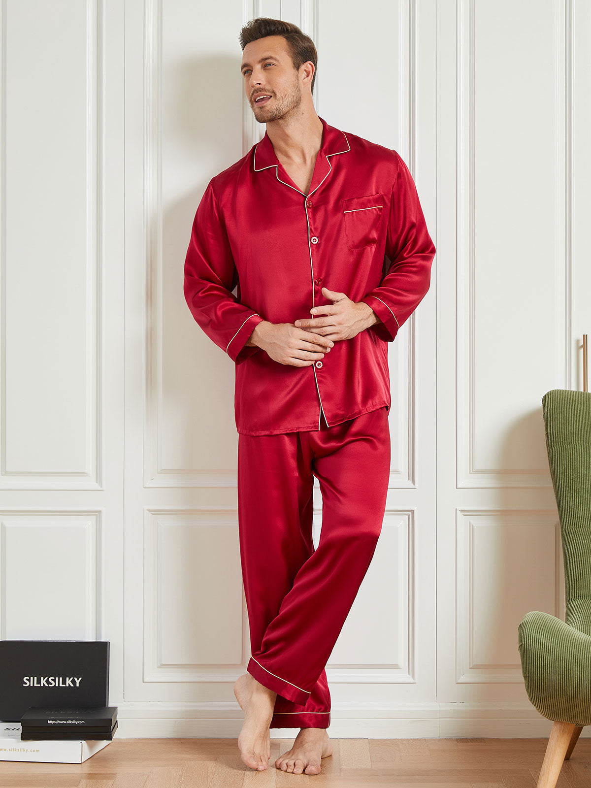 SilkSilky US 19Momme Pure Silk Long Sleeve Lapel Men's Pajamas Red 002