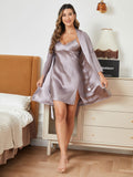 SilkSilky US Pure Silk Long Sleeve Nightgown&Robe Set Gray 003