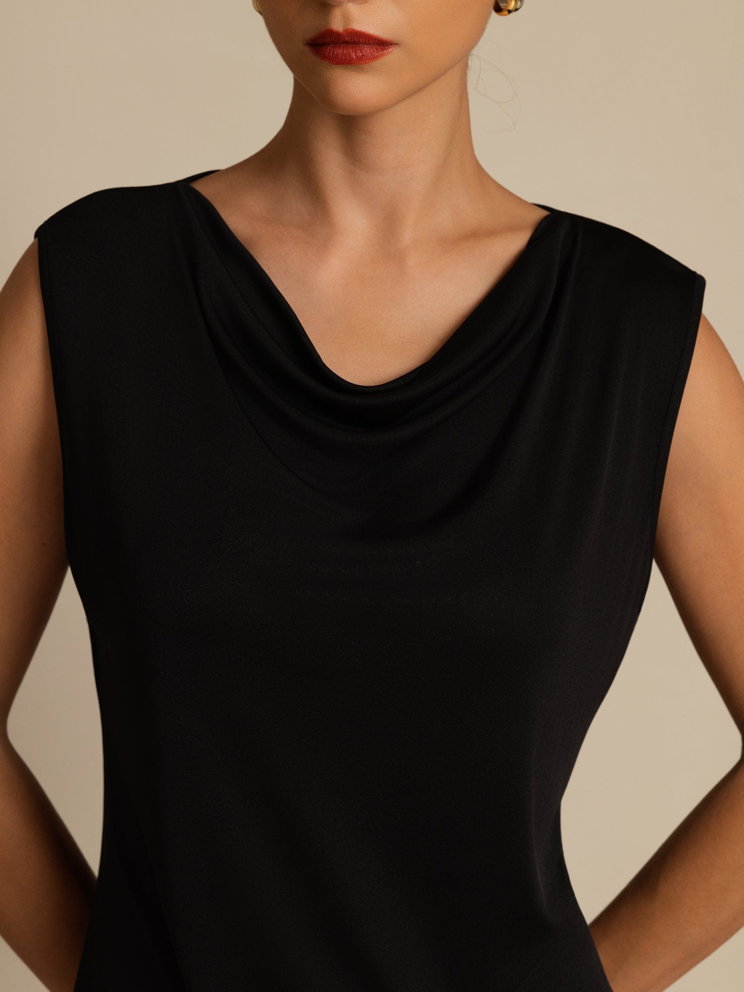 [Black] SilkSilky Silk Sleeveless Cowl Neck Women's T-Shirt 006