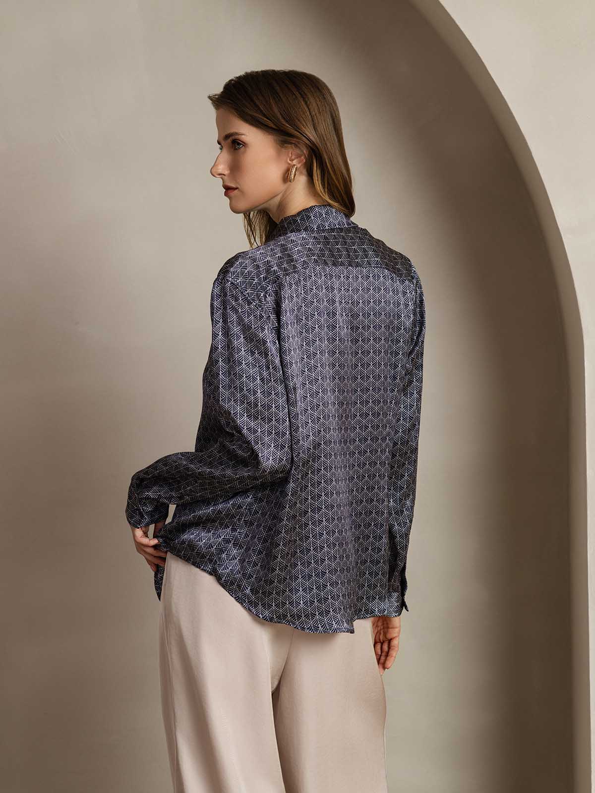 [Navy Ginkgo] SilkSilky  Silk Lapel Collar Women's Shirt 002