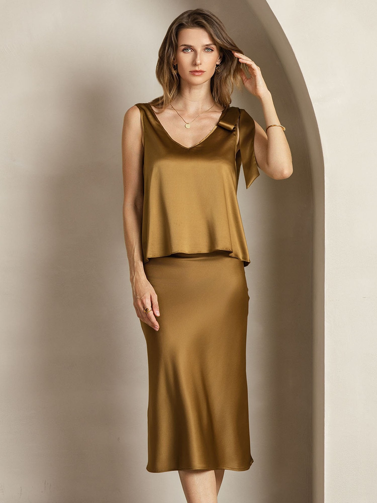 [Bronze] SilkSilky 19Momme Silk V Neck Women''s Outfit Sets 004