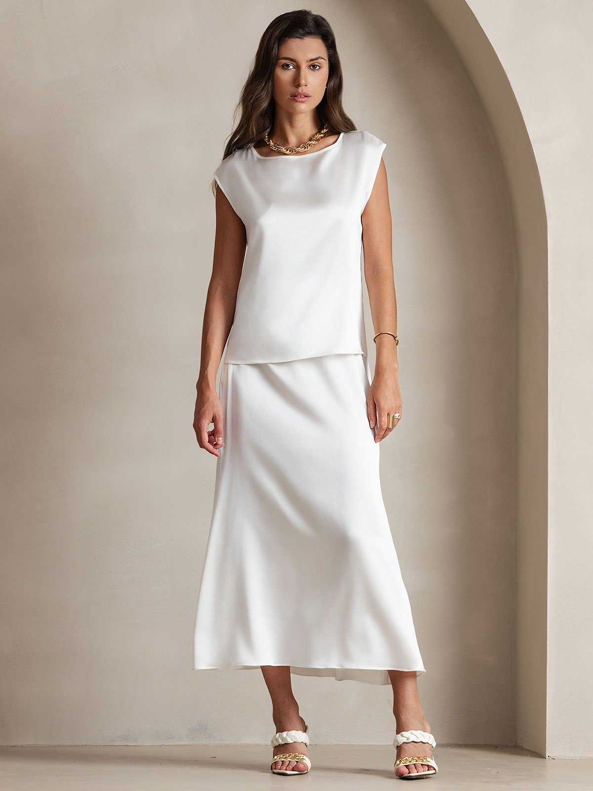 [White] SilkSilky  19Momme Silk Round Neck Women's T-Shirt 001