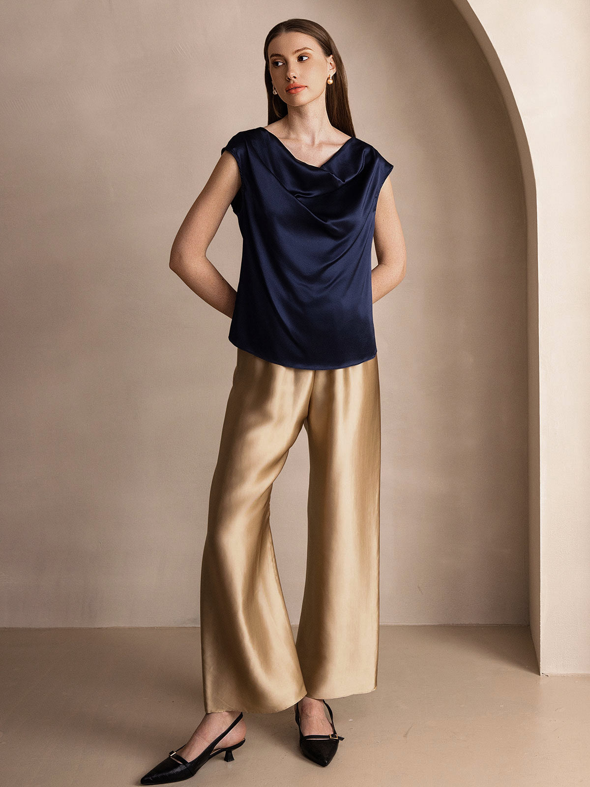 [Dark Blue] SilkSilky  19Momme Silk Cowl Neck Women's T-Shirt 008