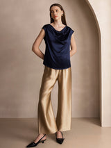 [Dark Blue] SilkSilky  19Momme Stretch Silk Charmeuse Cap Sleeve Cowl Neck Women's T-Shirt 008