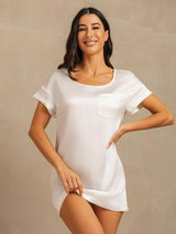 [White] SilkSilky  19Momme Machine-Washable Silk Short Sleeve Round Neck Nightgown 007