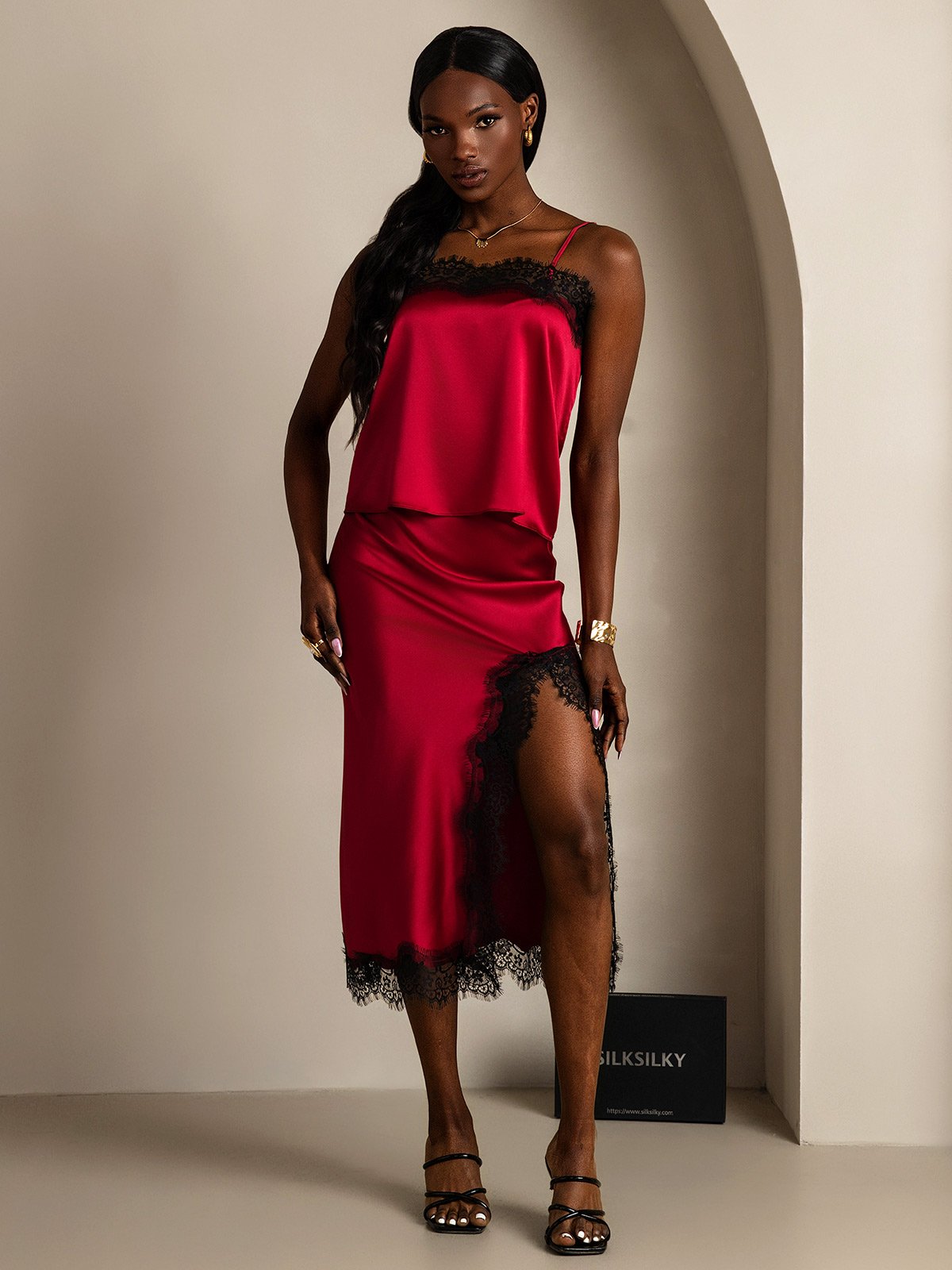SilkSilky 19Momme Silk Camisole Set Wine 005