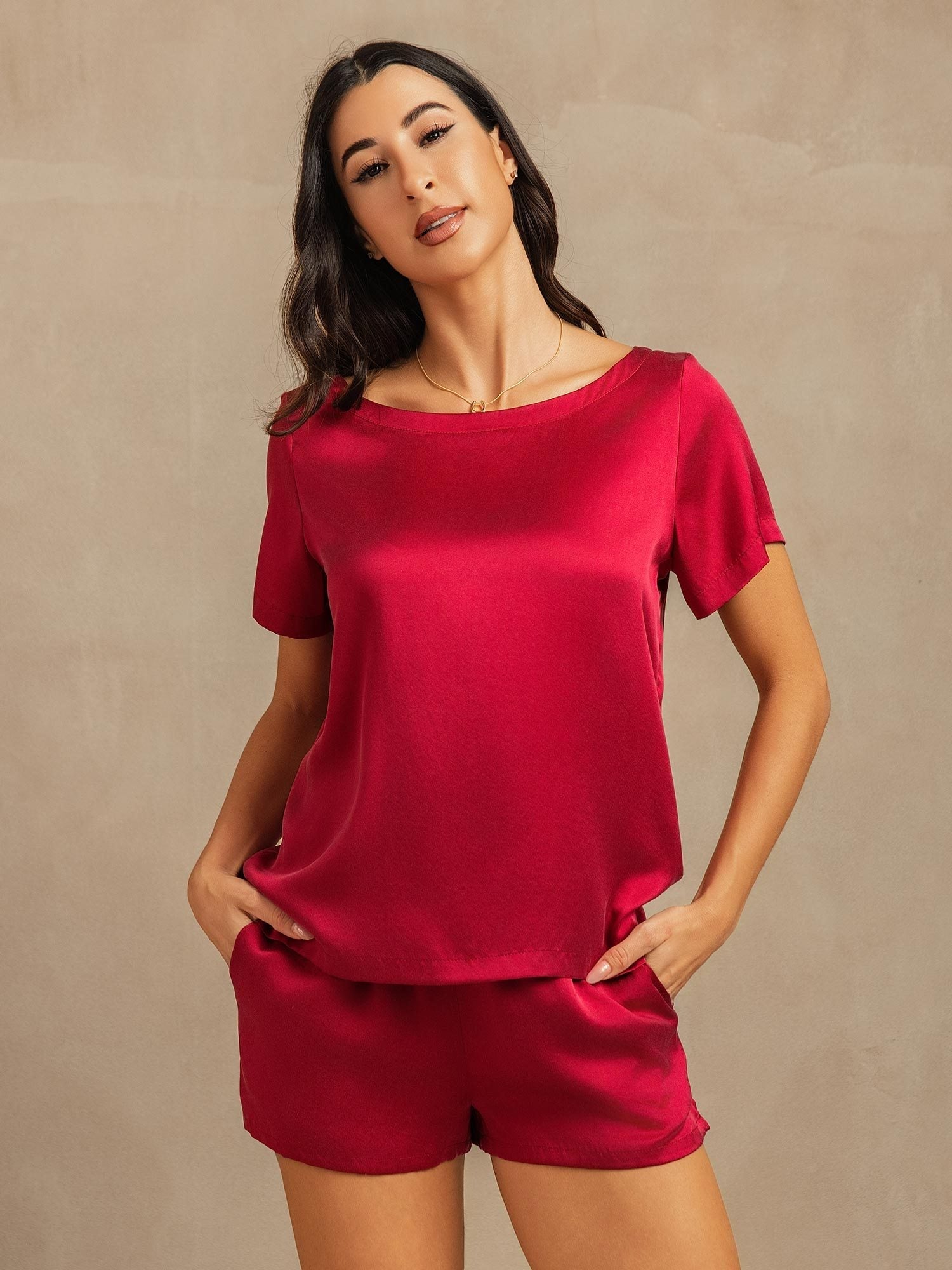 [Wine] SilkSilky 19Momme Silk Round Neck Women's Pajamas 001