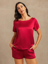 [Wine] SilkSilky  Short Sleeve Round Neck Women's Pajamas 001