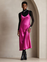 [Rose Red] SilkSilky  Pure Silk Spaghetti Strap V Neck Dress 004